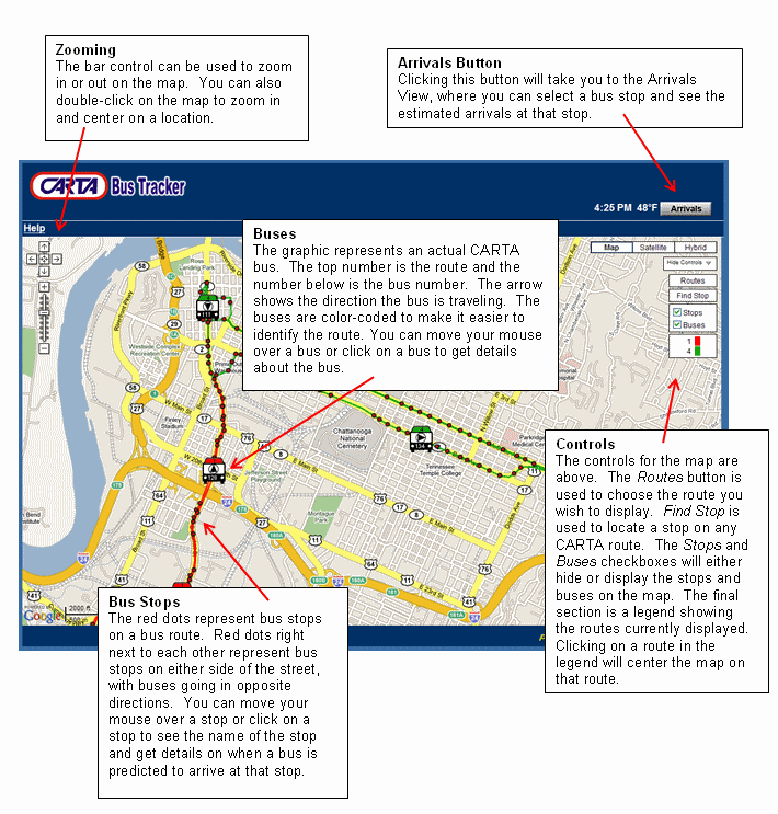 Zooming - The bar control can be used to zoom in or out on the map.  You can also double-click on the map to zoom in and center on a location. Buses - The graphic represents an actual CD bus.  The top number is the route and the number below is the bus number.  The arrow shows the direction the bus is traveling.  The buses are color-coded to make it easier to identify the route. You can move your mouse over a bus or click on a bus to get details about the bus. Bus Stops - The red dots represent bus stops on a bus route.  Red dots right next to each other represent bus stops on either side of the street, with buses going in opposite directions.  You can move your mouse over a stop or click on a stop to see the name of the stop and get details on when a bus is predicted to arrive at that stop. Controls - The controls for the map are above.  The Routes button is used to choose the route you wish to display.  Find Stop is used to locate a stop on any CD route.  The Stops and Buses checkboxes will either hide or display the stops and buses on the map.  The final section is a legend showing the routes currently displayed.  Clicking on a route in the legend will center the map on that route.