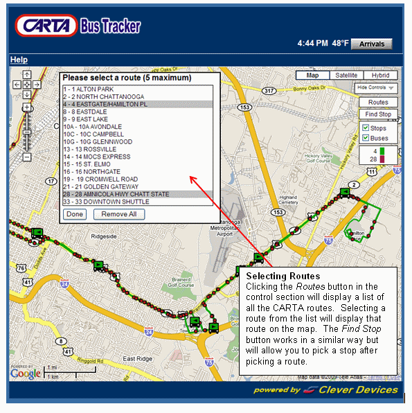 Selecting Routes - Clicking the Routes button in the control section will display a list of all the CD routes.  Selecting a route from the list will display that route on the map.  The Find Stop button works in a similar way but will allow you to pick a stop after picking a route.